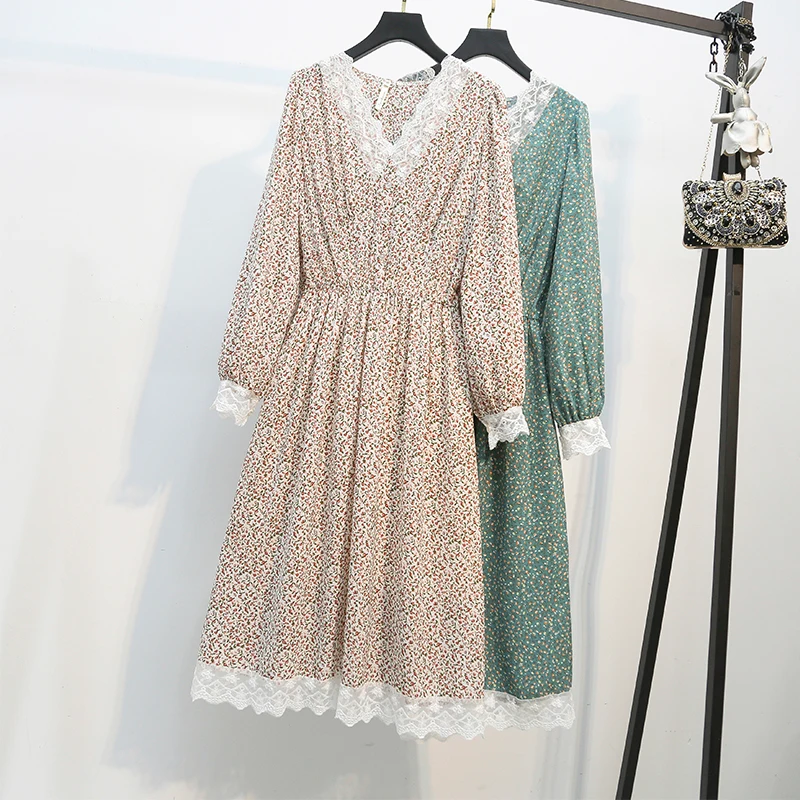 

5XL Plus Size Women Japanese Floral Dresses Spring 2021 Fashion White Lace Patchwork V-neck Long Sleeve Print Midi Fairy Dress