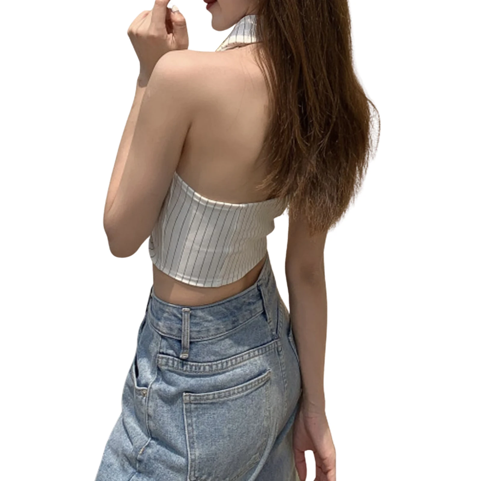 Женский офисный жилет в полоску элегантный укороченный топ с V-образным вырезом