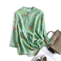 antique cheongsam style silk top womens mulberry silk stand collar green printed seven sleeve small t shirt autumn new style