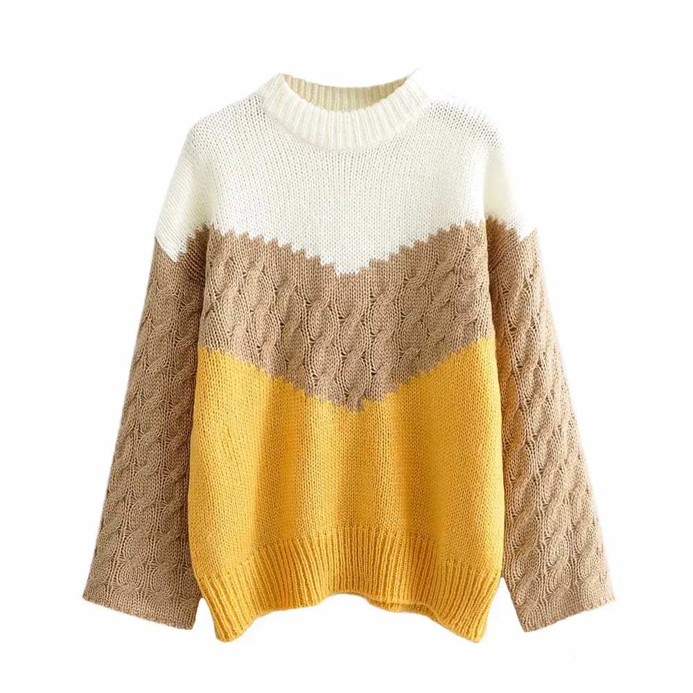 ZA новый весенний женский белый коричневый желтый контрастный вязаный свитер с