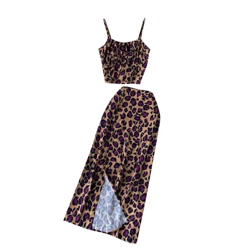 SINGRAIN Women Autumn Fashion Retro Leopard Set Sexy Sleeveless Strap Short Tops+High Waist Split Long Skirt Two Pieces |
