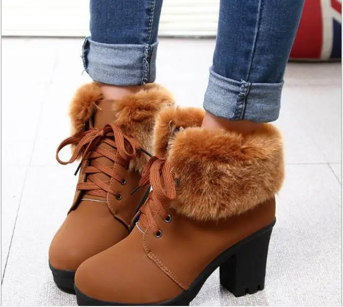 

New High Heel Winter Shoes Women Winter Boots Fashion Women's High Heel Boots Plush Warm Fur Shoes Ladies black Ankle Botas