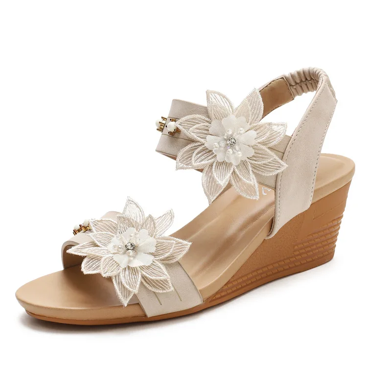 

2021 Ladies Solid Color Wedge Open Toe Sandals Fashion Elastic Band Sandals Summer Flowers Bohemian Roman Shoes Ladies Sandals