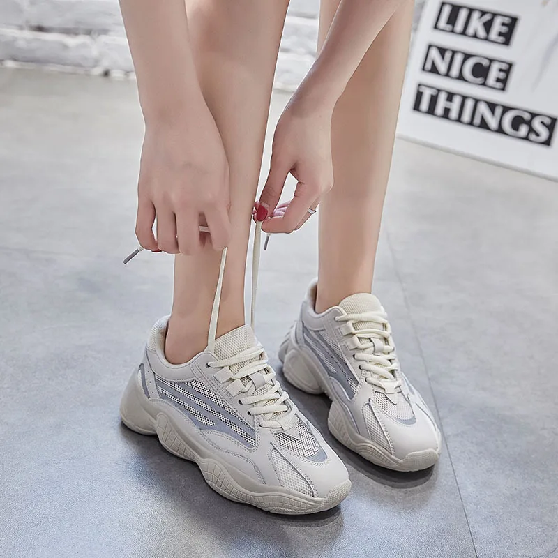 Krasovki Genuines Sneakers Women Thick Bottom Fashion Dropshipping Autumn Spring Breathable Bling Mesh Leisure Solid Shoes | Обувь