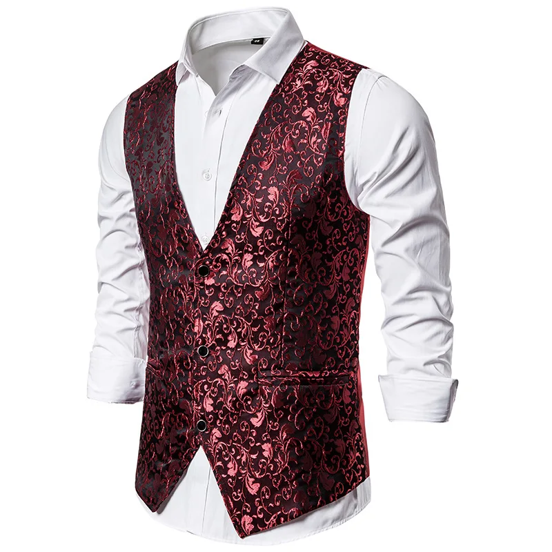 

Red Floral Jacquard Vest Men Chaleco Hombre 2021 Brand Slim Fit Vest Waistcoat Men Wedding Business Formal Dress Vests Male XXL
