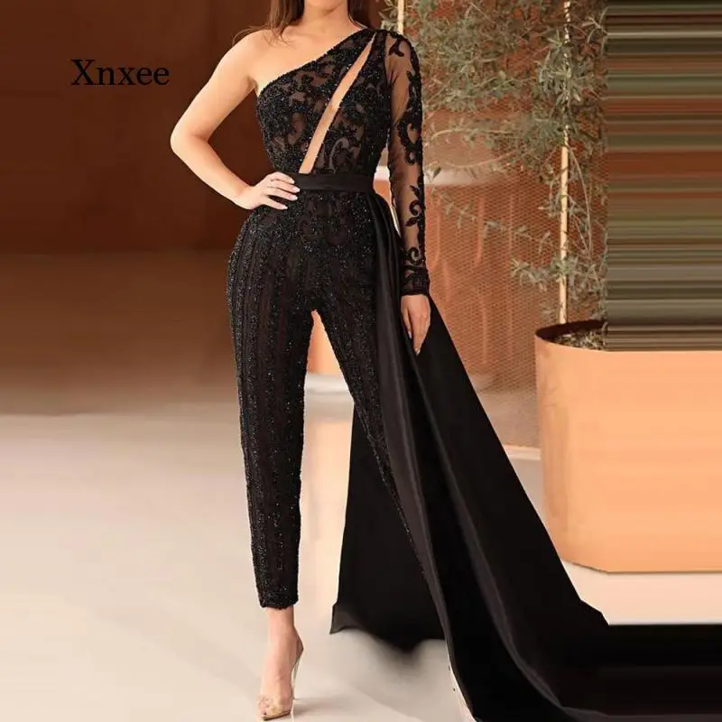 

Кружевные комбинезоны с высокой талией, новинка 2021, женские цельные брюки, прямые брюки с блестками, сексуальный прозрачный комбинезон на одно плечо, одежда