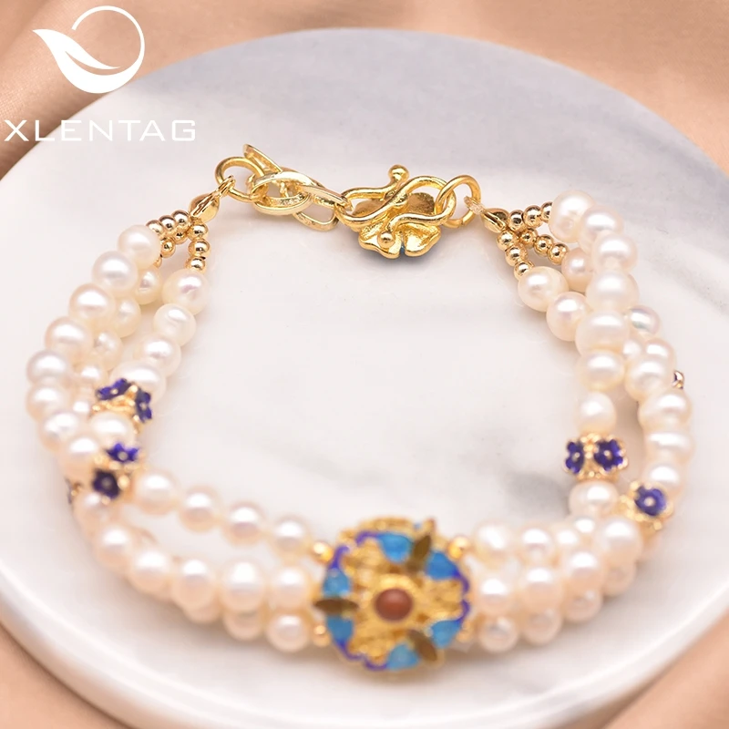 Браслет XlenAg женский из натурального пресноводного белого жемчуга три слоя