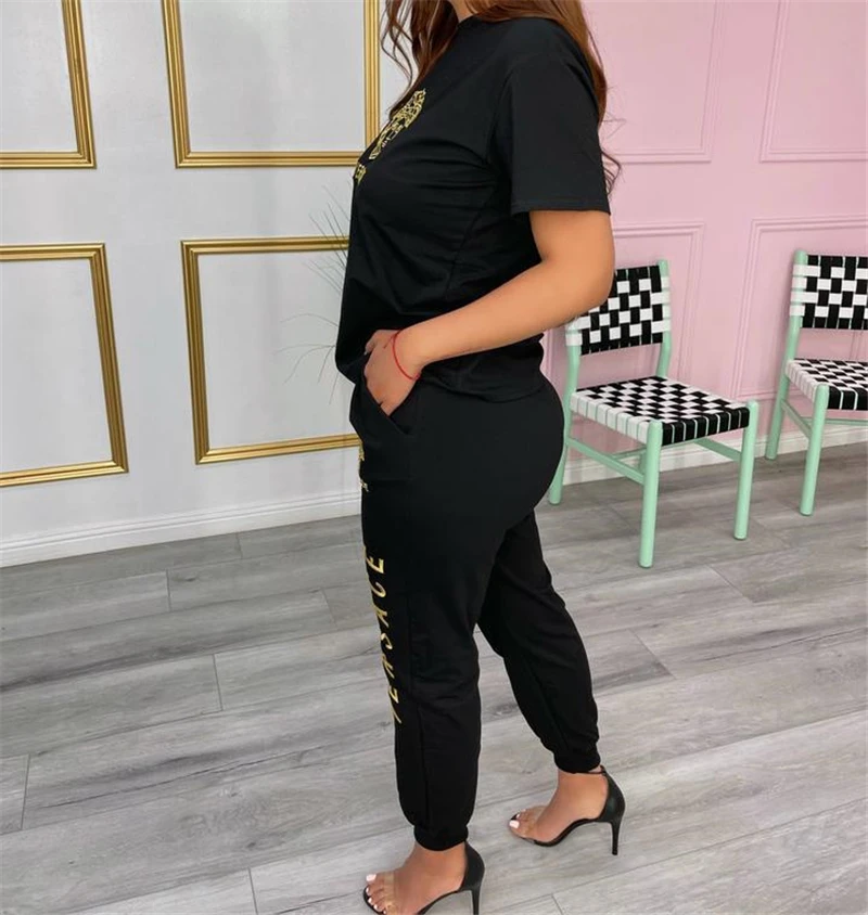 

2021 Summer New Fashion Simple Freedom Soft Casual Youth Sportswear Short Sleeve Tops Trousers Women's 2-piece Set