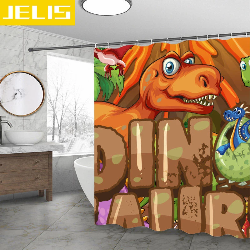 

Waterproof Shower Curtain Set with 12 Hooks Dinosaur Printed Bathroom Curtains Polyester Fabric Bath Mildew Proof for Home Decor