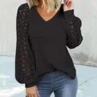 Модная кружевная блузка с рукавами, рубашка, трикотажные топы с V-образным вырезом, футболка, повседневные женские осенне-зимние женские блузы с длинным рукавом, пуловер