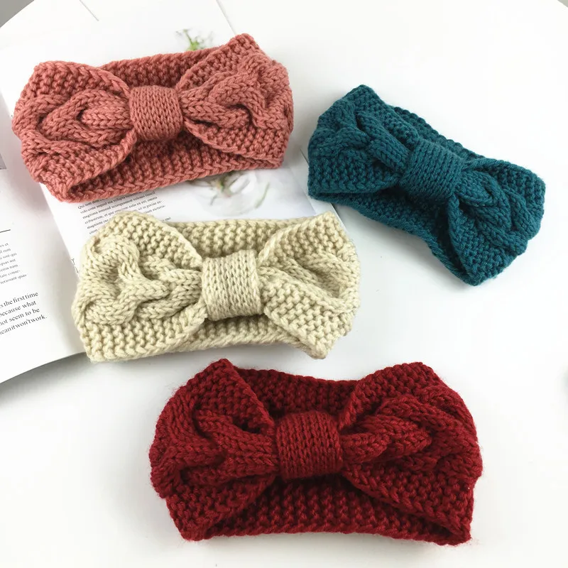 Широкие повязки для волос с бантом Женские однотонные зимние вязаные крючком