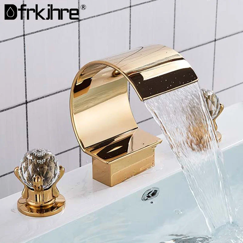 

Basin Faucet Gold Deck Mounted Crystal Handle Waterfall 3PCS Bathroom Sink Faucet Double Handles Mixer Tap Basin Tap Torneira