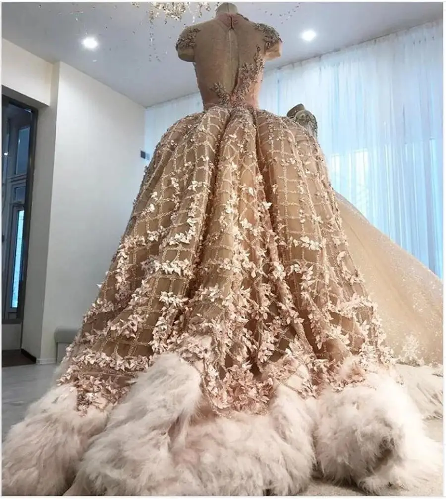 Crystals Furs Pink Prom Dresses 2021 Saudi Arabic 3D Flowers Appliques High Neck Cap Sleeves Evening Gowns With Detachable Train