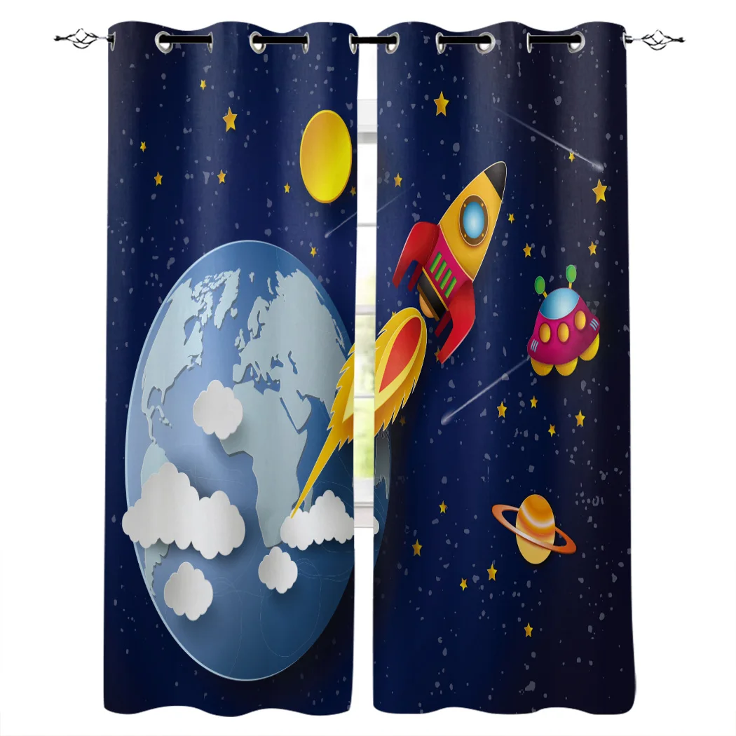 

Universe Space Rocket Space Moon Planet Galaxy Window Curtains Cartoon Living Room Kitchen Curtains for Bedroom