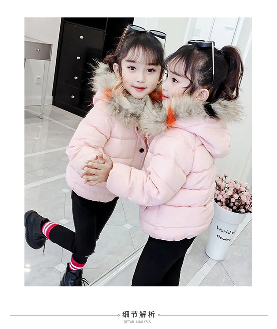 Winter Fashion Girls Big Fur Collar Down Jacket Cotton Boy Hooded Jacket Thickening Children's Warm Cotton Jacket 3-8 years old