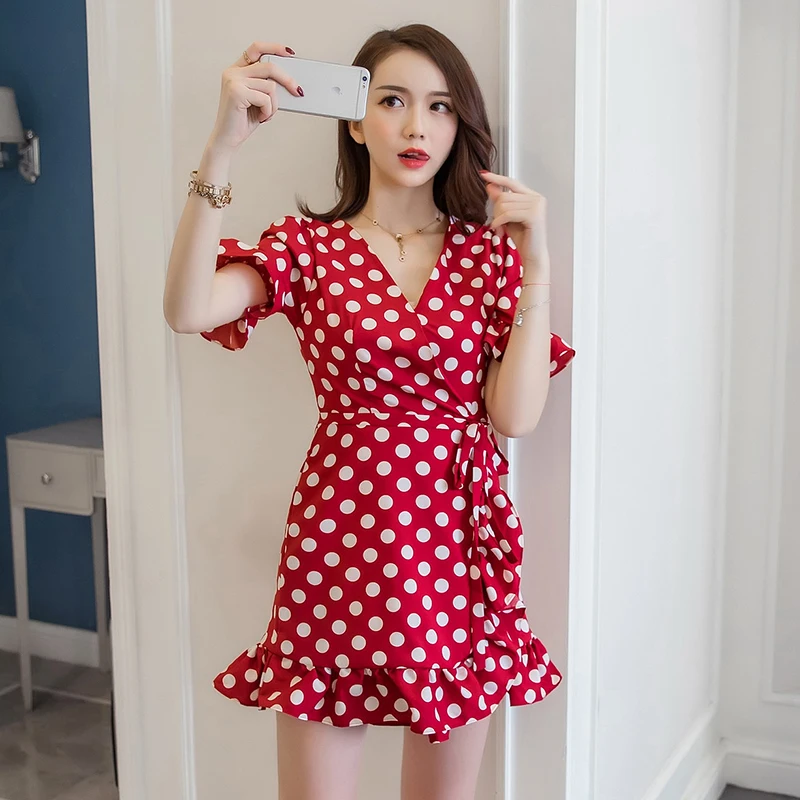 Женское винтажное красное платье в горошек Пляжное Платье на бретелях с v