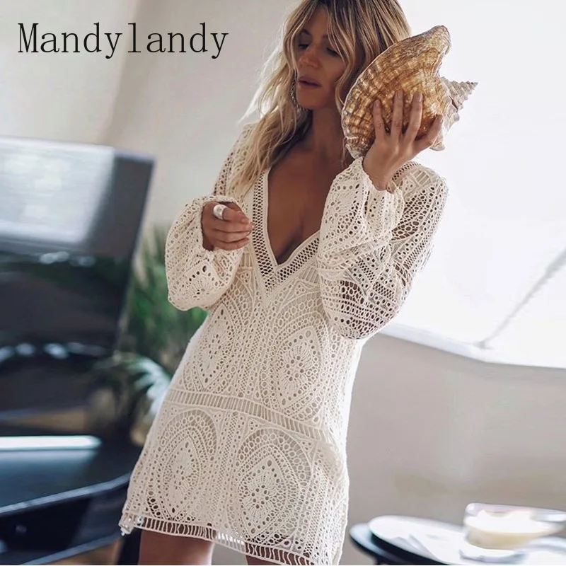 

Женское сексуальное пляжное платье Mandylandy с вырезами, женское элегантное платье для отпуска с длинным рукавом-фонариком, V-образным вырезом ...
