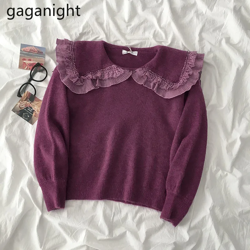 Gaganight Повседневный свободный Женский вязаный свитер кружевной лоскутный Питер