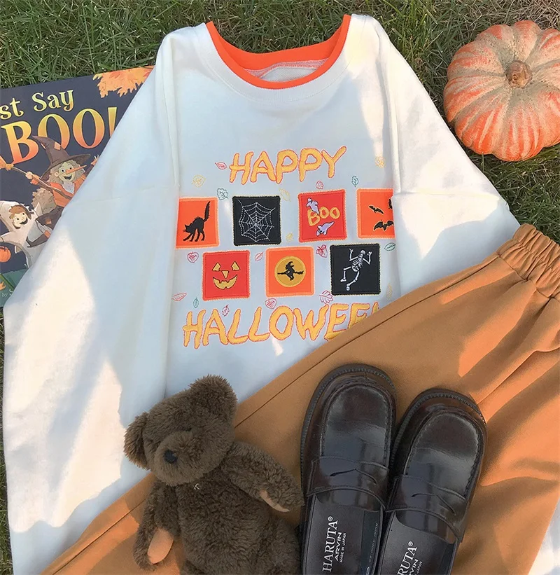 

Japanese Retro Pumpkin Color Personality Hoodie Sweatshirt Teen Girls Student Harajuku Vintag Fake two-piece Sweet Pullover Tops