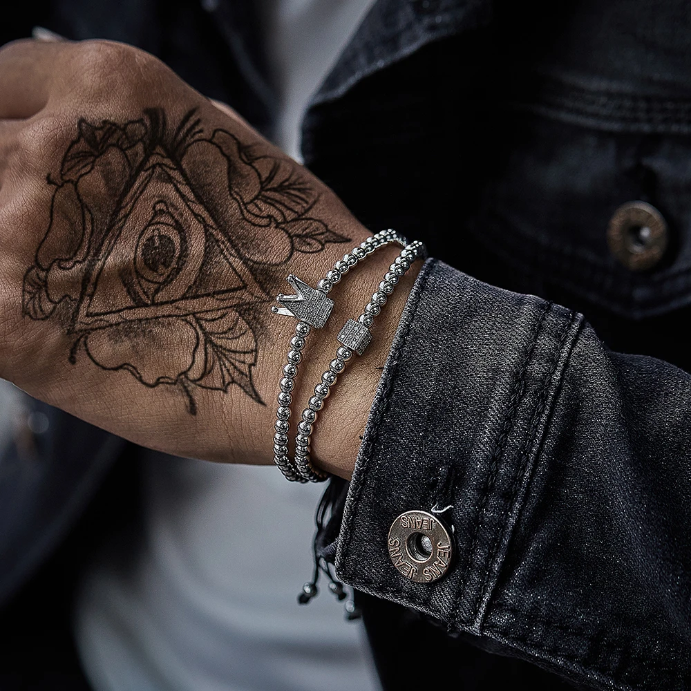 

2 Pcs /set Crown Charm Long Tube Men Bracelet Pave CZ Braided Macrame Gold Color Bead Bracelet For Men Jewelry Gift