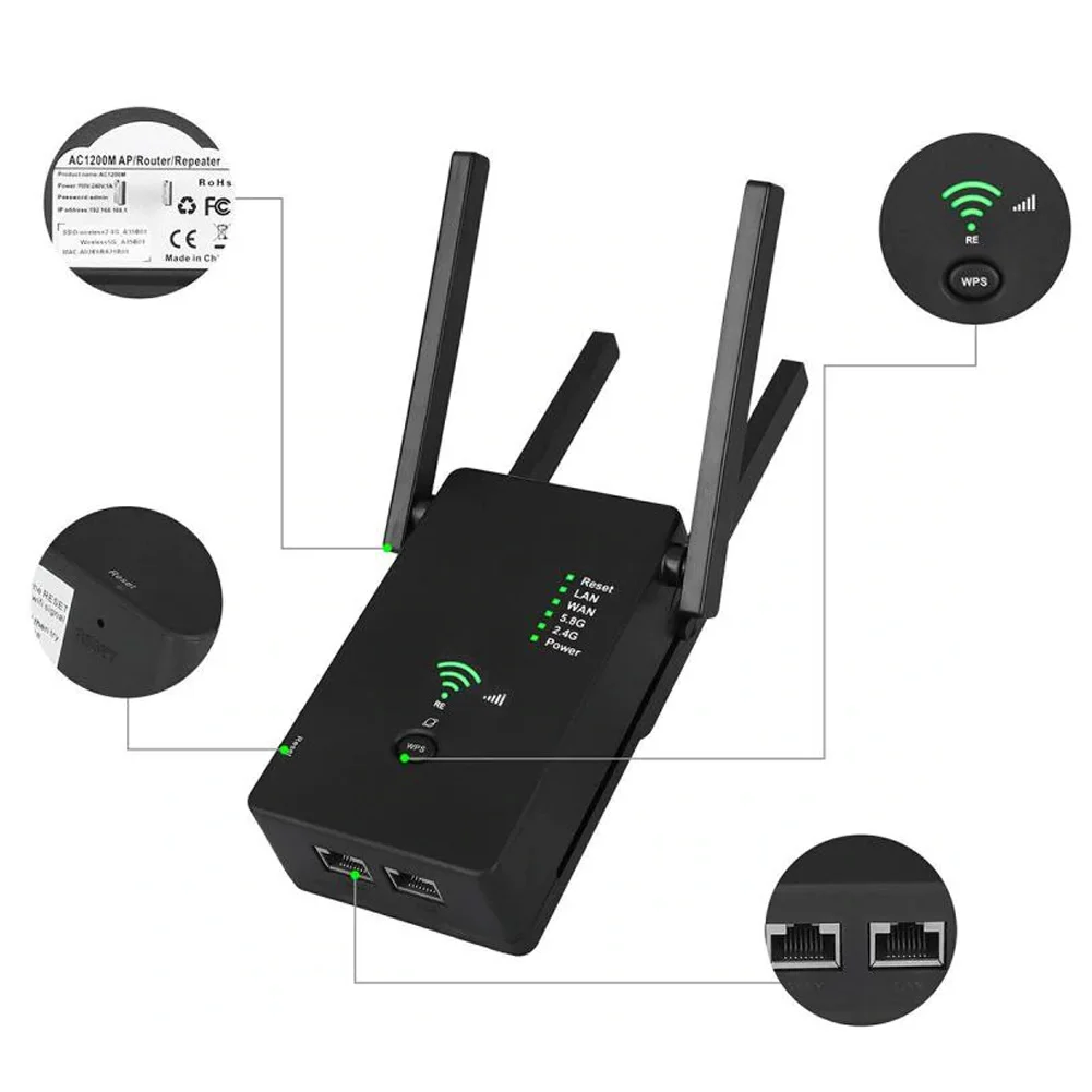 

5Ghz WiFi Booster Range Extender Router Repeater Wireless AC1200M Internet Booster Range Extender Universal Dual Band For PC