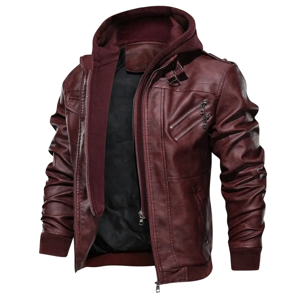 

Men Outwear PU Leather Jackets Coat Zipper Detachable Hat with Pockets for Autumn -MX8