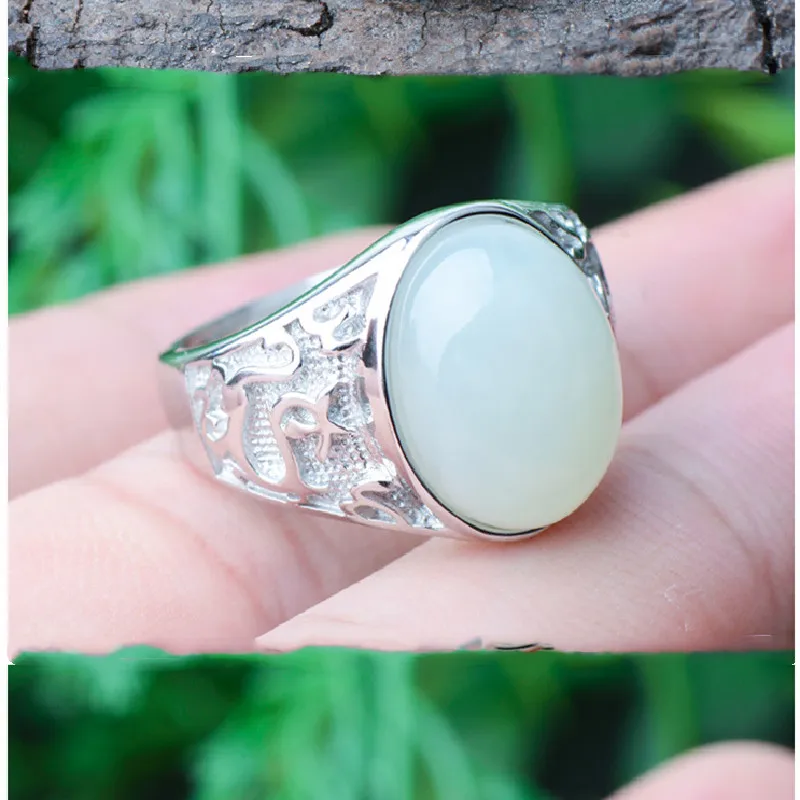 

S925 Silver Inlaid Natural Hetian Jade Ring Fashion Domineering Sheep Fat White Level Bare Stone Egg Face Retro Jade Ring