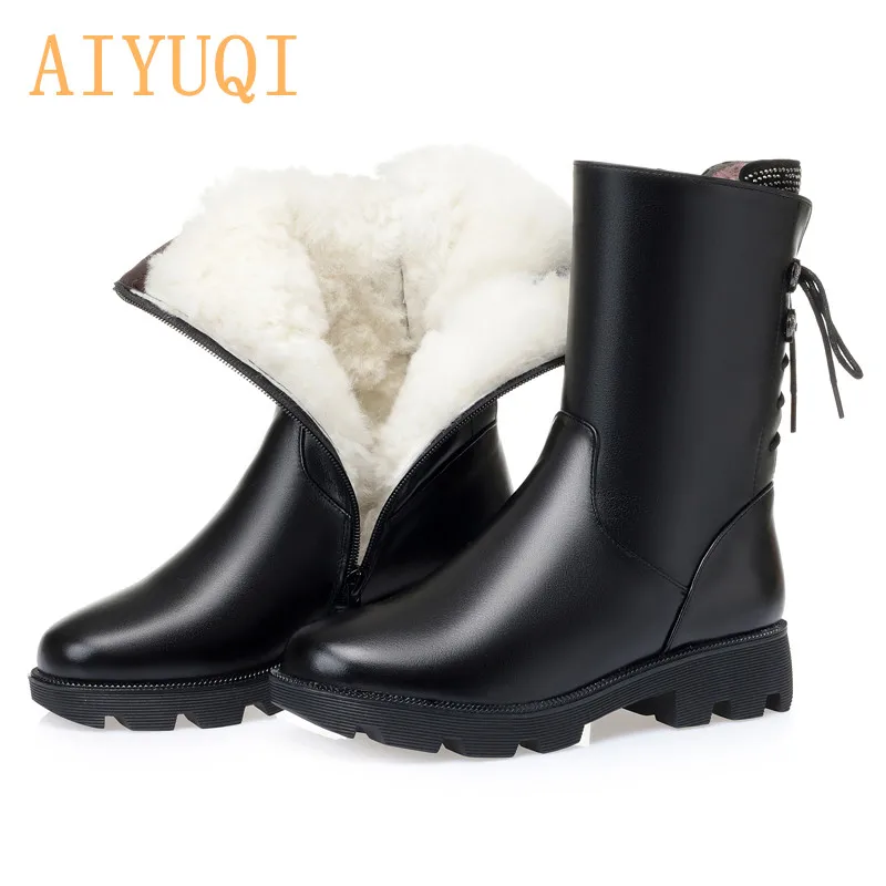 

AIYUQI Winter Boots Women Genuine Leather 2021 Thick Wool Ladies Roman Boots Shiny Large Size 41　42　43 Fashion Women Snow Boots