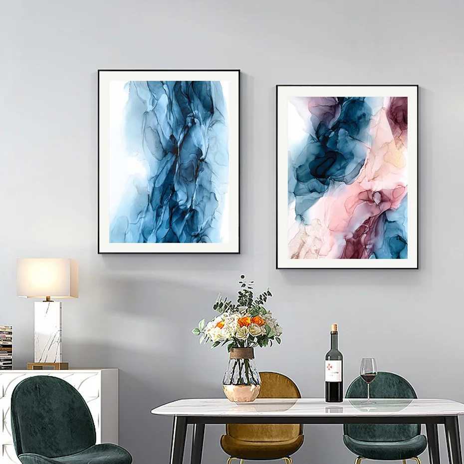

Nordic Morden Abstract Blue-pink line Wall Art Canvas Painting Golden Blue smoke Art Poster Print Wall Picture for Living Room