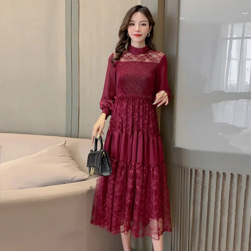 

2021 Early Spring Women's Dress Autumn Winter Pleated Lace Stitching Fashion Retro Style Dress