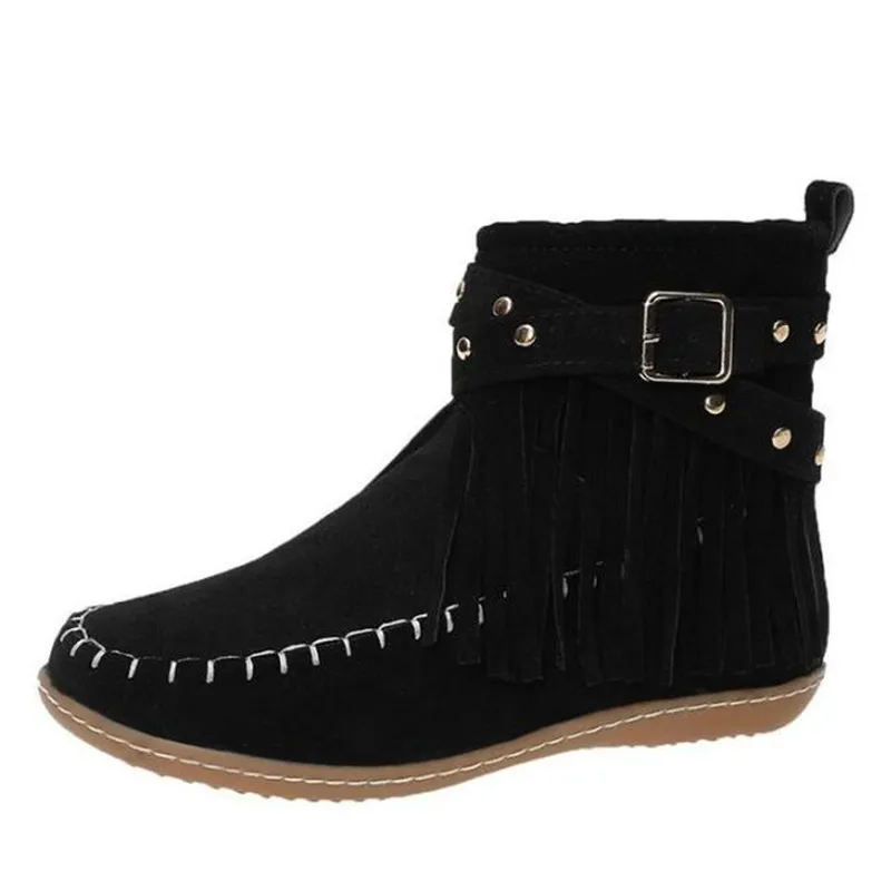 

Women's suede fringed women's boots 2021 winter new low-tube solid flat-heel riding boots women shoes fashion womens snow boots