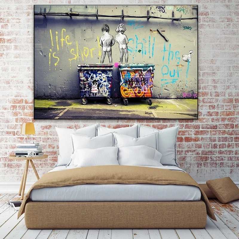 

Graffiti Art Abstract Canvas Painting Banksy Poster Print Two Child Graffiti Wall Paintings Home Decoration Bar Pictures Modular