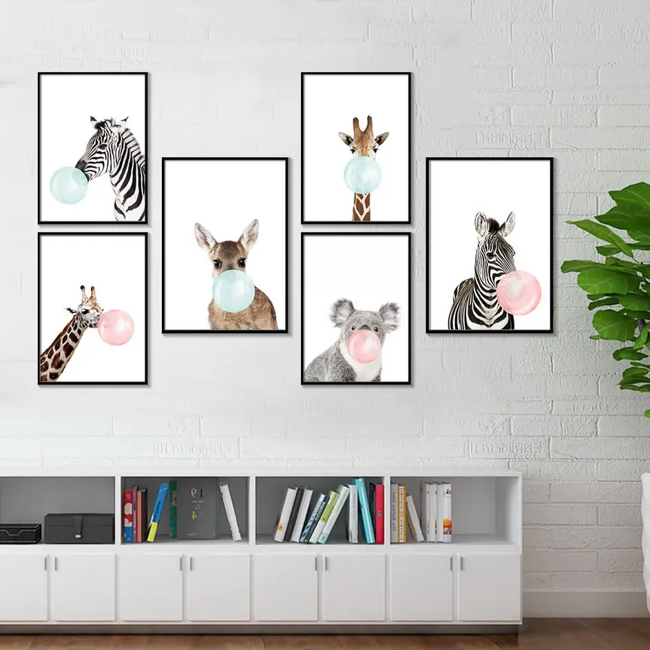 Декор для детской комнаты животные розовый синий пузырь жвачка жираф Зебра коала