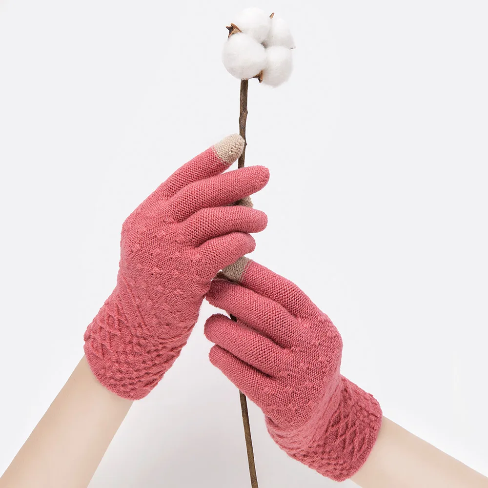 Модные зимние женские перчатки мягкие теплые вязаные однотонные с пальцами для