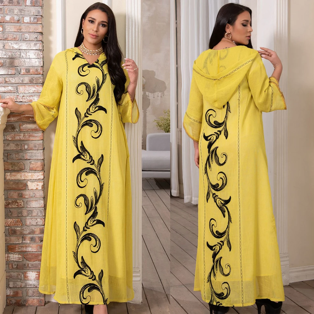 

Siskakia Ethnic Embroidery Hooded Abaya Dress for Women Bead Arabic Dubai Turkey Moroccan Kaftan Muslim Clothing Yellow Eid 2021
