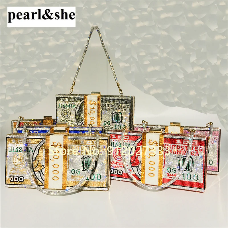 

10000 Dollars Stack Of Cash Shiny Diamond Money Design Evening Clutches Shoulder Wedding Dinner Bag Peral&she