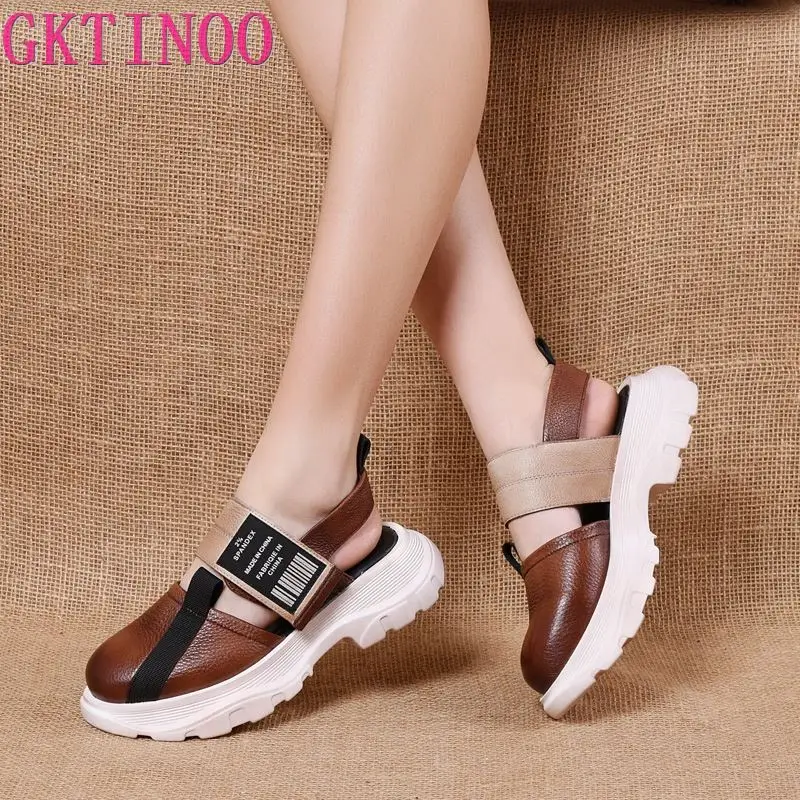 

GKTINOO Retro Summer Shoes Women Sandals Genuine Leather Hook & Loop 2022 New Wedges Handmade Concise Platform Ladies Sandals