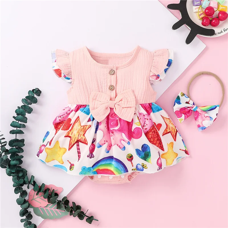 

2pcs Toddler Baby Girls Clothes Sets,Baby Girl Fly Sleeve Round Neck Bowknot Button Printed Skirt-like Romper+Headband,0-18Month