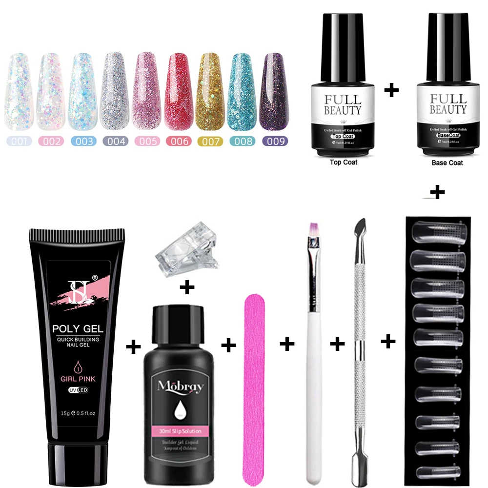 

9pcs/Set Poly UV Gel Kit Glitter Gel polish Nail Extension Set Builder Acrylic Gel Polish Nail Art Tool Design All for Manicure