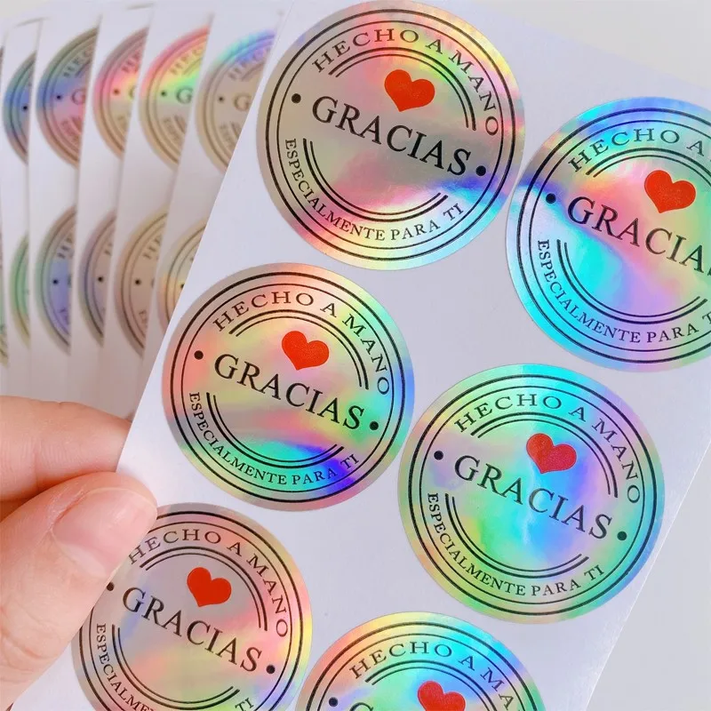 

100pcs Gracias sliver Laser round Waterproof Stickers Colorful Adhesive Paper Sticker Thank you Reflective
