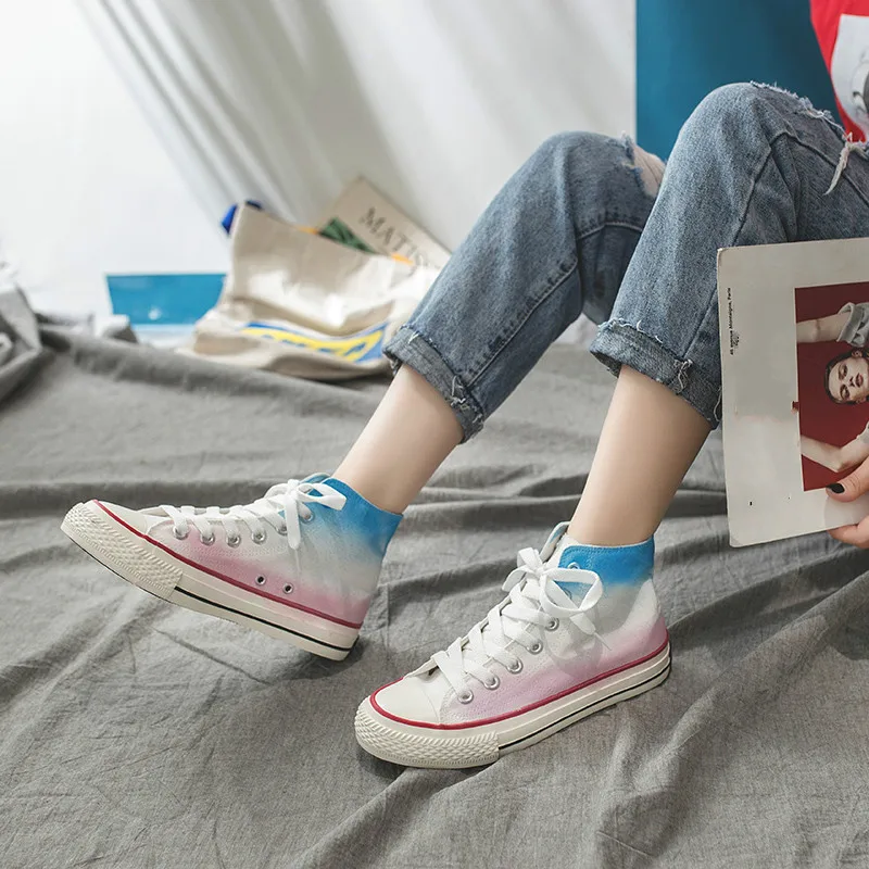 2020 градиент Цвет обувь с высоким берцем Женская модная парусиновая повседневная