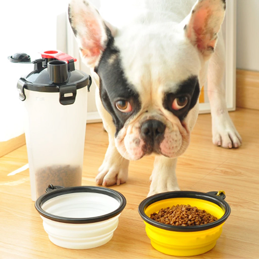 

2 в 1 ПЭТ-бутылка для воды Портативный Еда контейнер с складная силиконовая чаша для кормления домашних животных для отдыха на открытом возд...