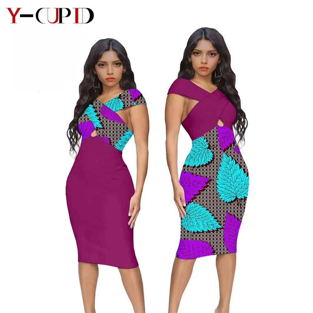 

African Ankara Print Bodycon Dresses for Women Bazin Riche Sister Matching Clothes Sexy Cross Hollow Straight Outfits A2025014