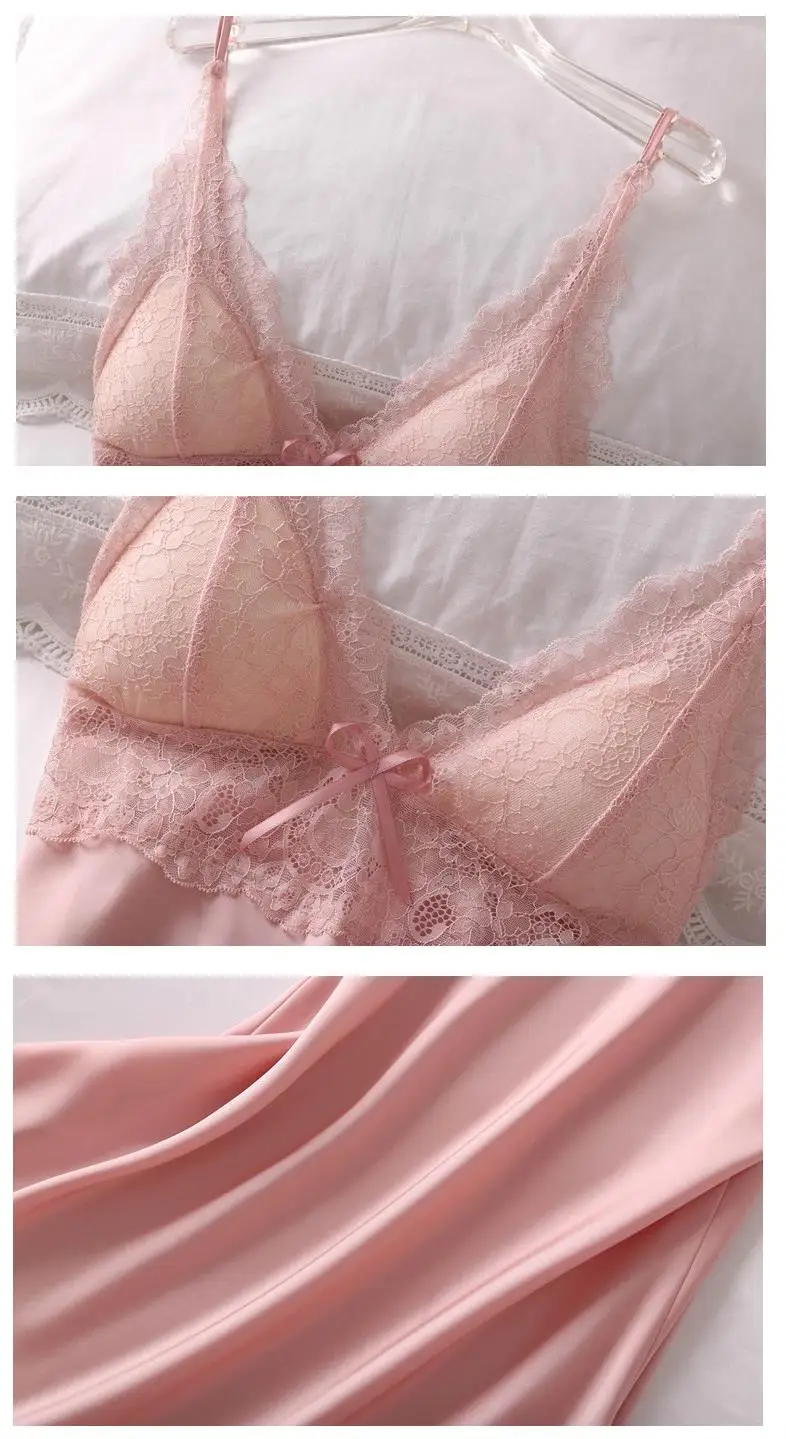 Satin Nightgown Women Sexy Suspender Skirt Sleepwear Silky Spaghetti Strap Nightdress With Lace Nightwear Home Wear Night Shirt