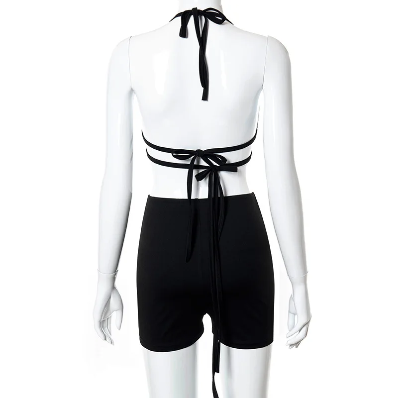 

2 piece set women halter crop top camis and biker shorts cross lace up bodycon outfits tracksuit joggers fitness workout clothes
