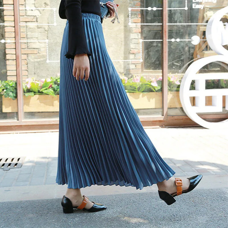 Женская шифоновая плиссированная длинная юбка с высокой талией однотонная Макси