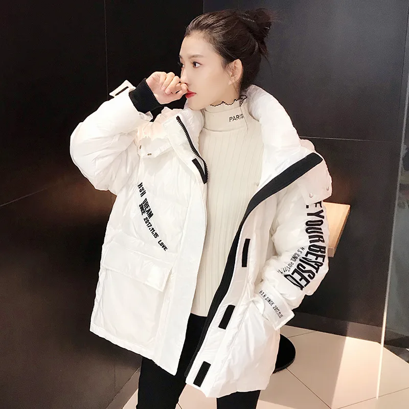

FNOCE women's down jackets 2020 winter new fashion young trends Bright Leather letter print long sleeve hooded slim down parkas