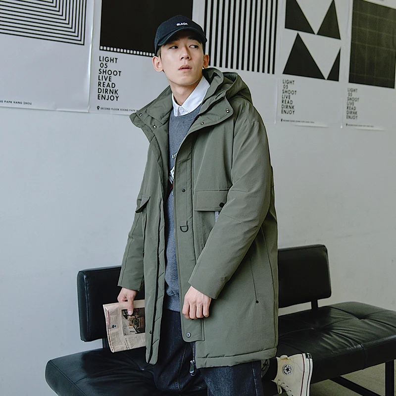 

Зимняя приталенная куртка средней длины с капюшоном, черная повседневная мужская куртка