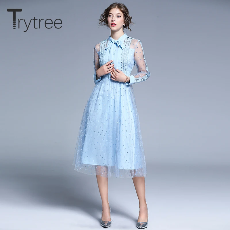 Женское Повседневное платье с вуалью Trytree синее офисное трапециевидной формы до