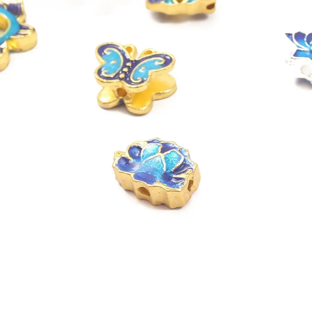 Эмалированные синие Бусины подвески с лотосом 2 шт. Перегородчатые цветы для